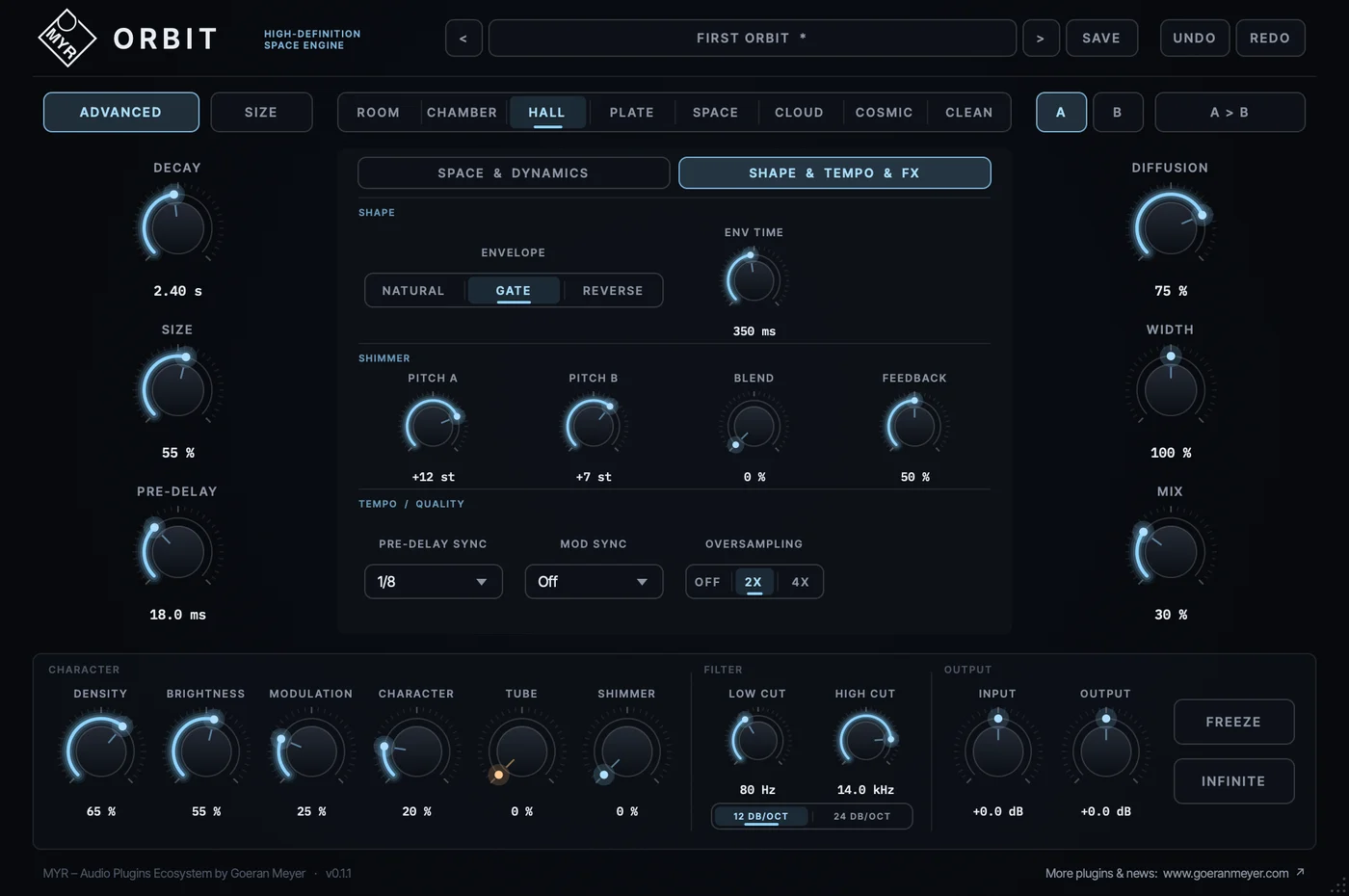 MYR ORBIT advanced panel: density, brightness, modulation, tube and shimmer controls