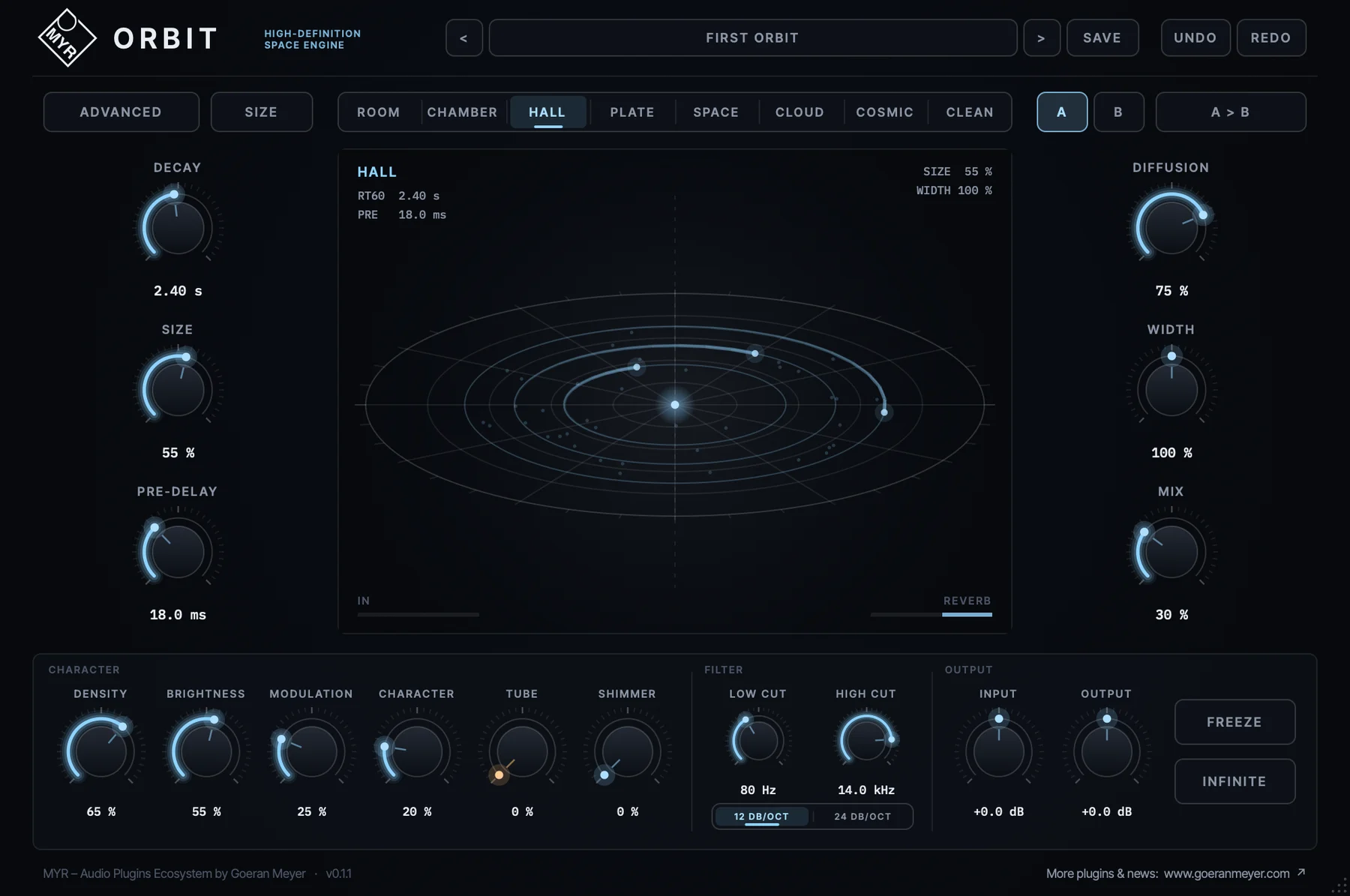 MYR ORBIT reverb plugin interface: HALL algorithm, decay 2.40 s, orbital display with size and width readout