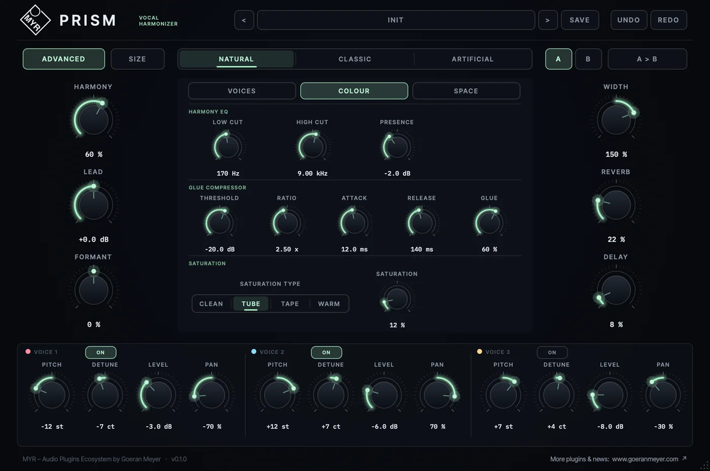 MYR PRISM advanced panel: per-voice pitch, detune, level and pan controls with glue compressor and saturation