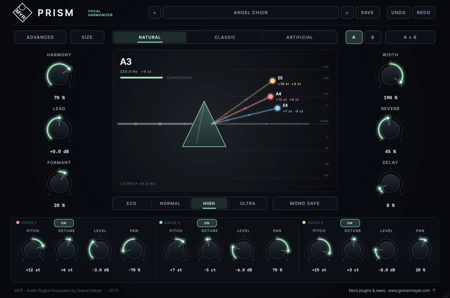 MYR PRISM vocal harmonizer plugin interface: detected note A3, three harmony voices at +7, +12 and +19 semitones on the prism display