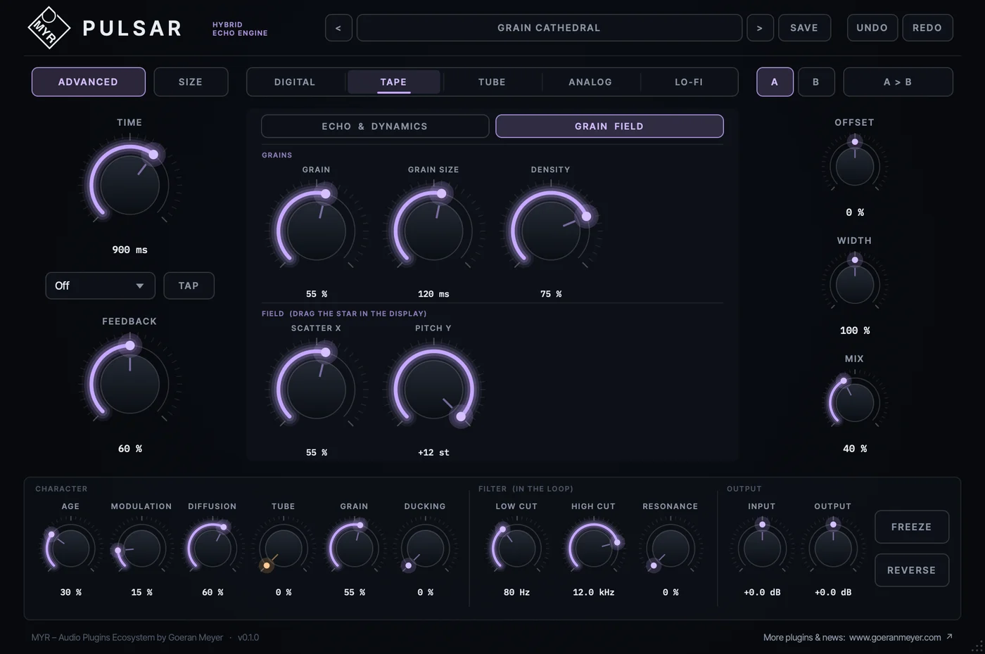 MYR PULSAR advanced panel: age, modulation, diffusion, tube, grain and ducking controls