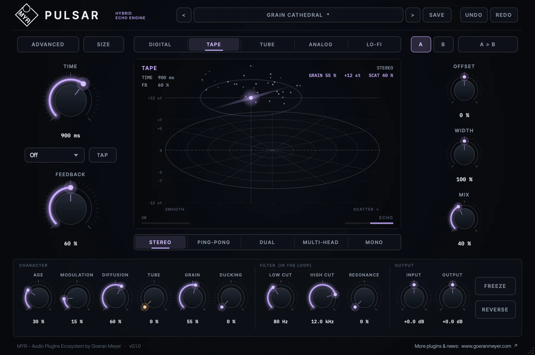 MYR PULSAR delay plugin interface: TAPE medium, 900 ms, 60 % feedback, grain field with scatter display