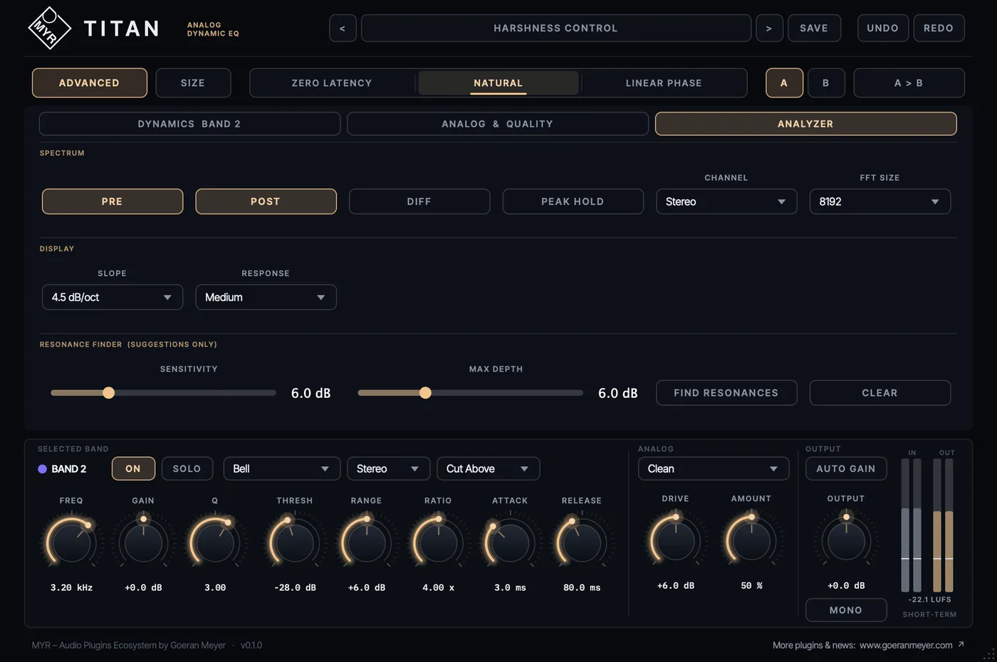 MYR TITAN advanced panel: analyzer settings with pre, post and diff spectrum, the resonance finder, and the dynamic controls of the selected band