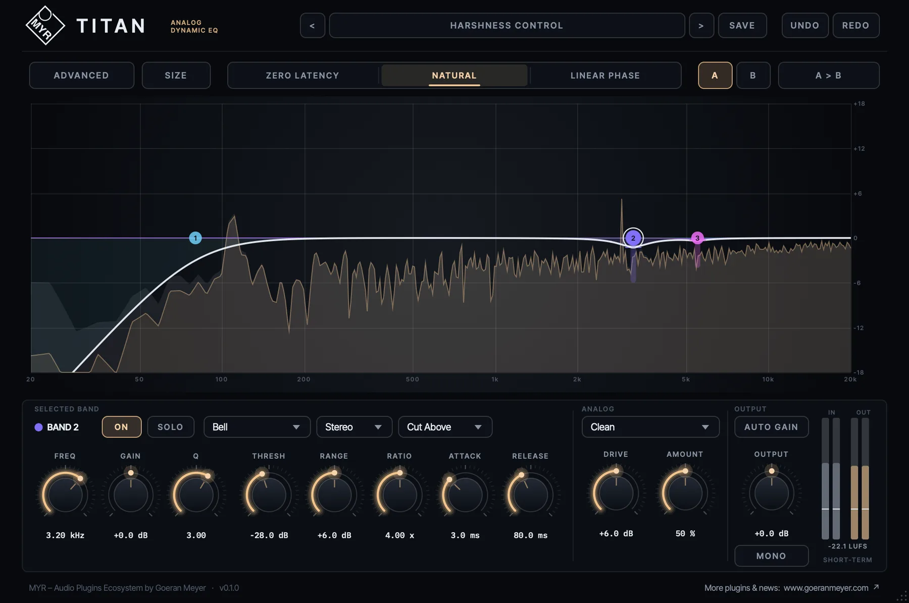 MYR TITAN dynamic EQ plugin interface: Natural phase mode, the EQ curve drawn over the live spectrum with three bands, and the selected band's dynamic controls below