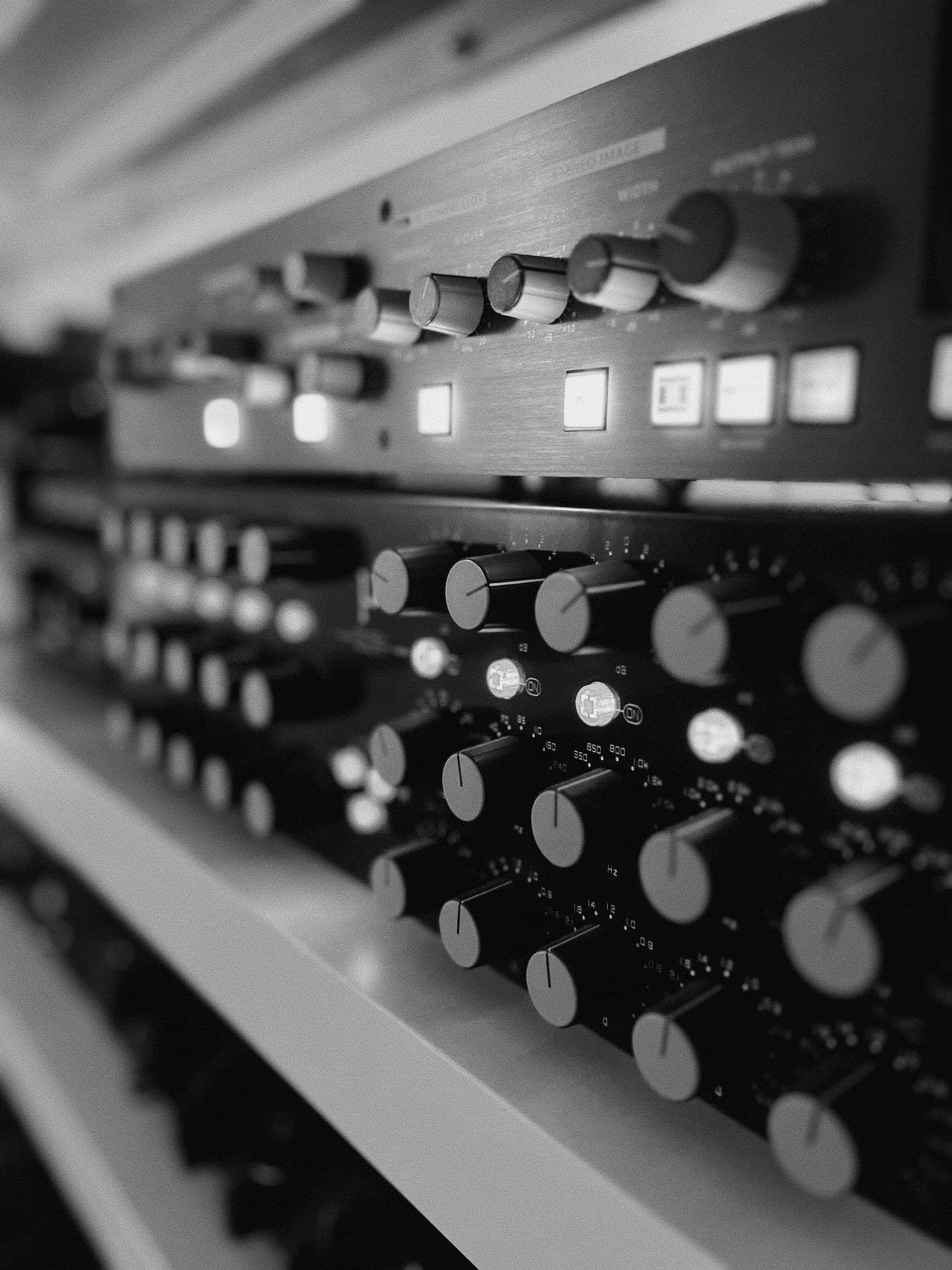 Analog outboard rack — EQ and compressor units at the MYR mastering studio